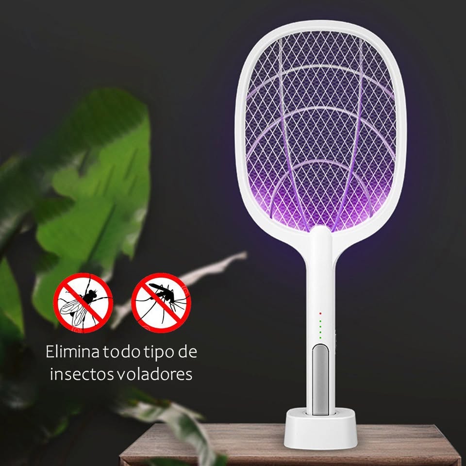 Raqueta Eléctrica Mata Mosquitos con Luz LED y Base de Soporte