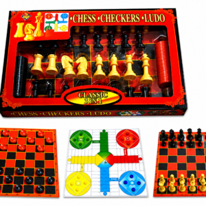 Juego de Mesa Clásico 3 en 1 con tablero de Ajedrez, Damas y Ludo.
