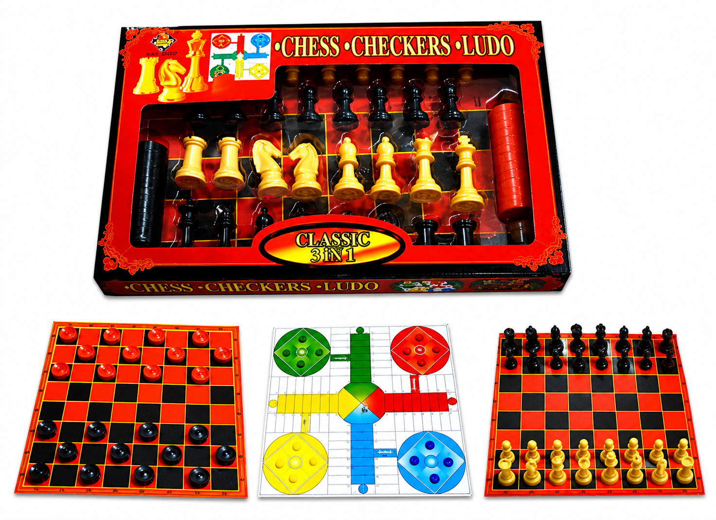 Juego de Mesa Clásico 3 en 1 con tablero de Ajedrez, Damas y Ludo.