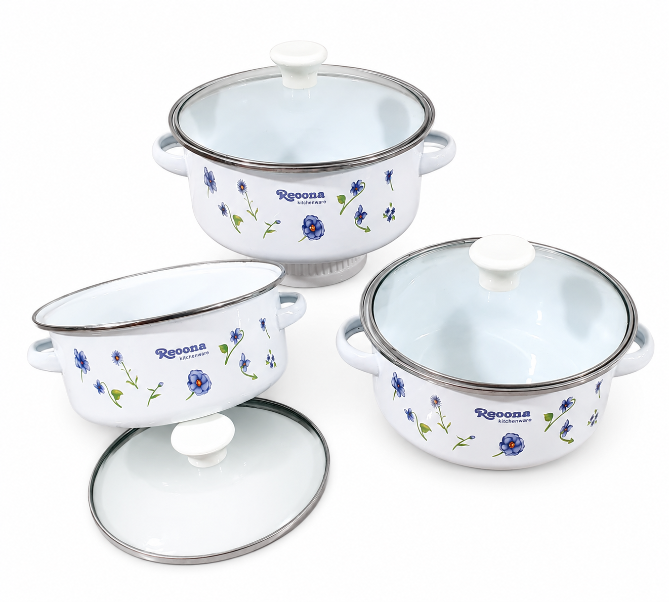 🍲 Juego de Ollas Enlozadas con Tapa de Vidrio – 3 piezas