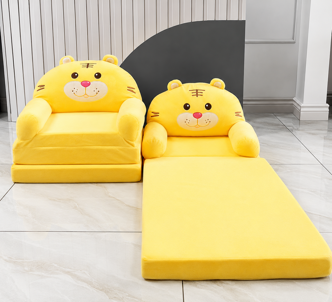 Greensen Sofá Cama Plegable 2 en 1 para Niños, Felpa Suave con Reposabrazos, 50 x 37 x 50 cm, Amarillo