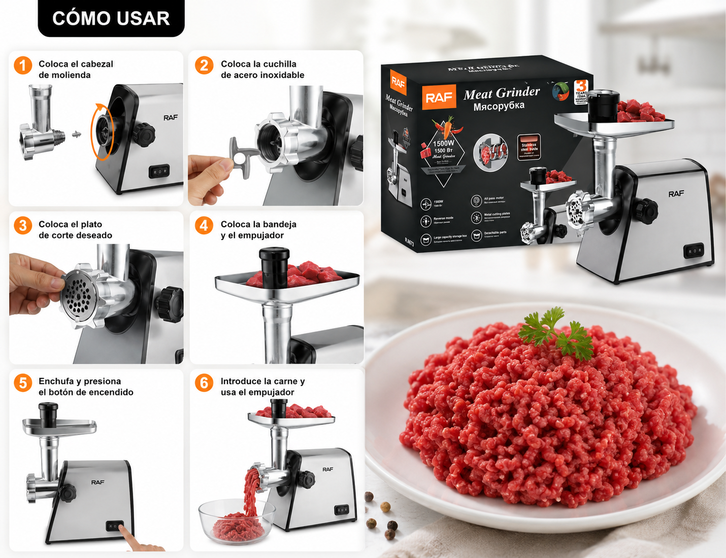 🥩 RAF Máquina Eléctrica para Picar Carne 1500W - Imagen 2