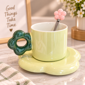 ☕ Taza de Cerámica con Platito y Cucharita 🌸