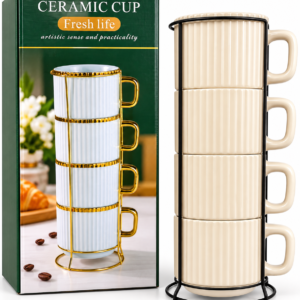 Set de 4 Tazas de Cerámica con Soporte Metálico
