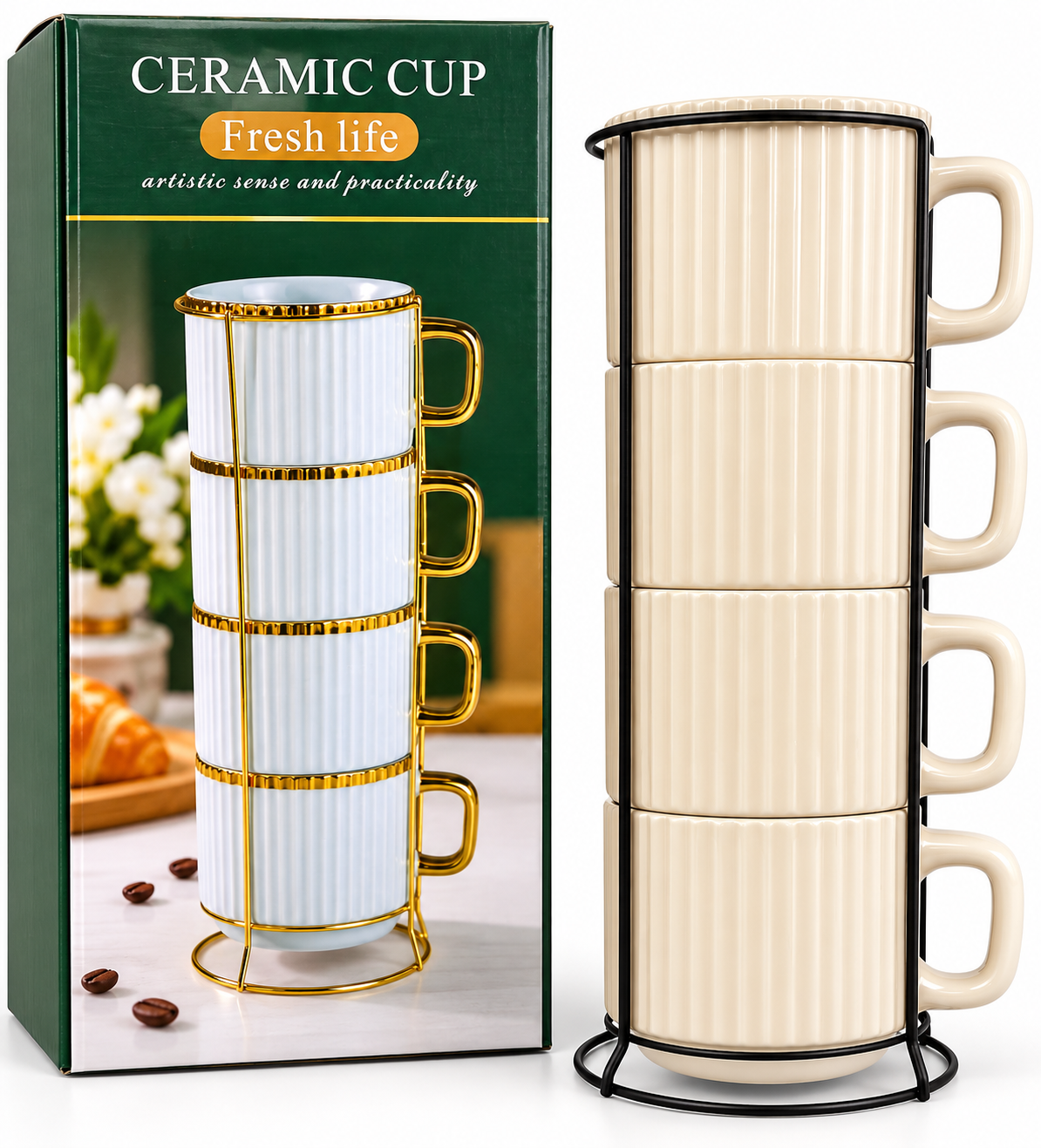 Set de 4 Tazas de Cerámica con Soporte Metálico