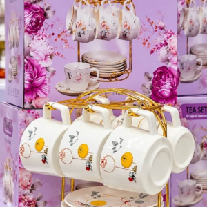 Juego de Té de Porcelana de 6 Tazas con Platillos y Soporte Dorado